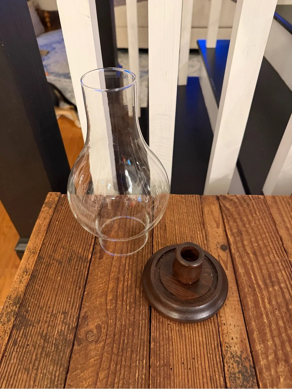 Vintage BOHO Farmhouse Clear Glass Hurricane Lamp with Wood Base